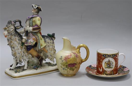 A Ginori figure, a Worcester cup and saucer and a jug